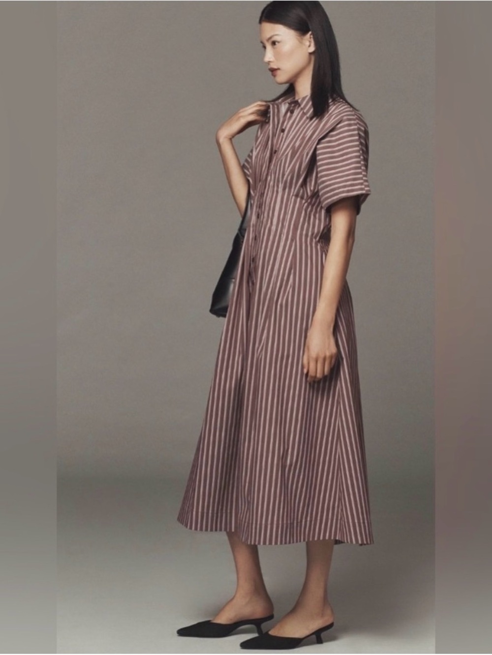 Tobie Exquise Button Down Dress, Brown Motif Stripe - Size Small